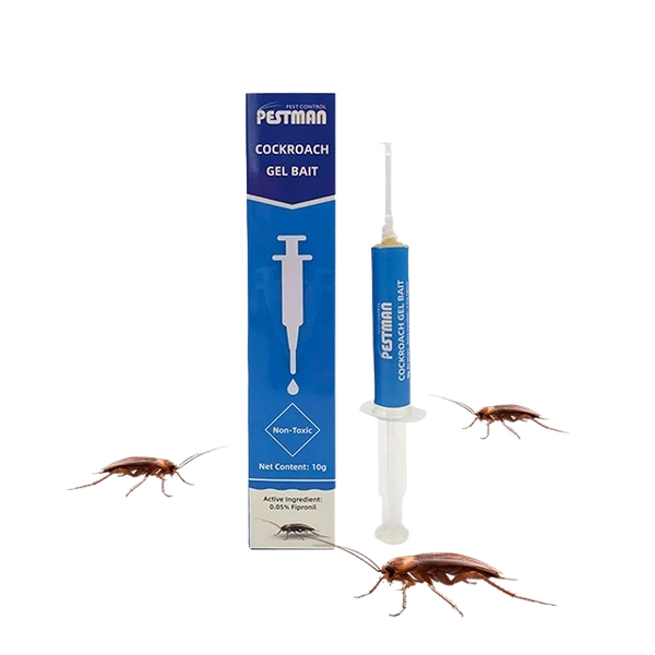 Pestman cockroach gel bait retail box beside the 10 g syringe, with cockroaches in the foreground