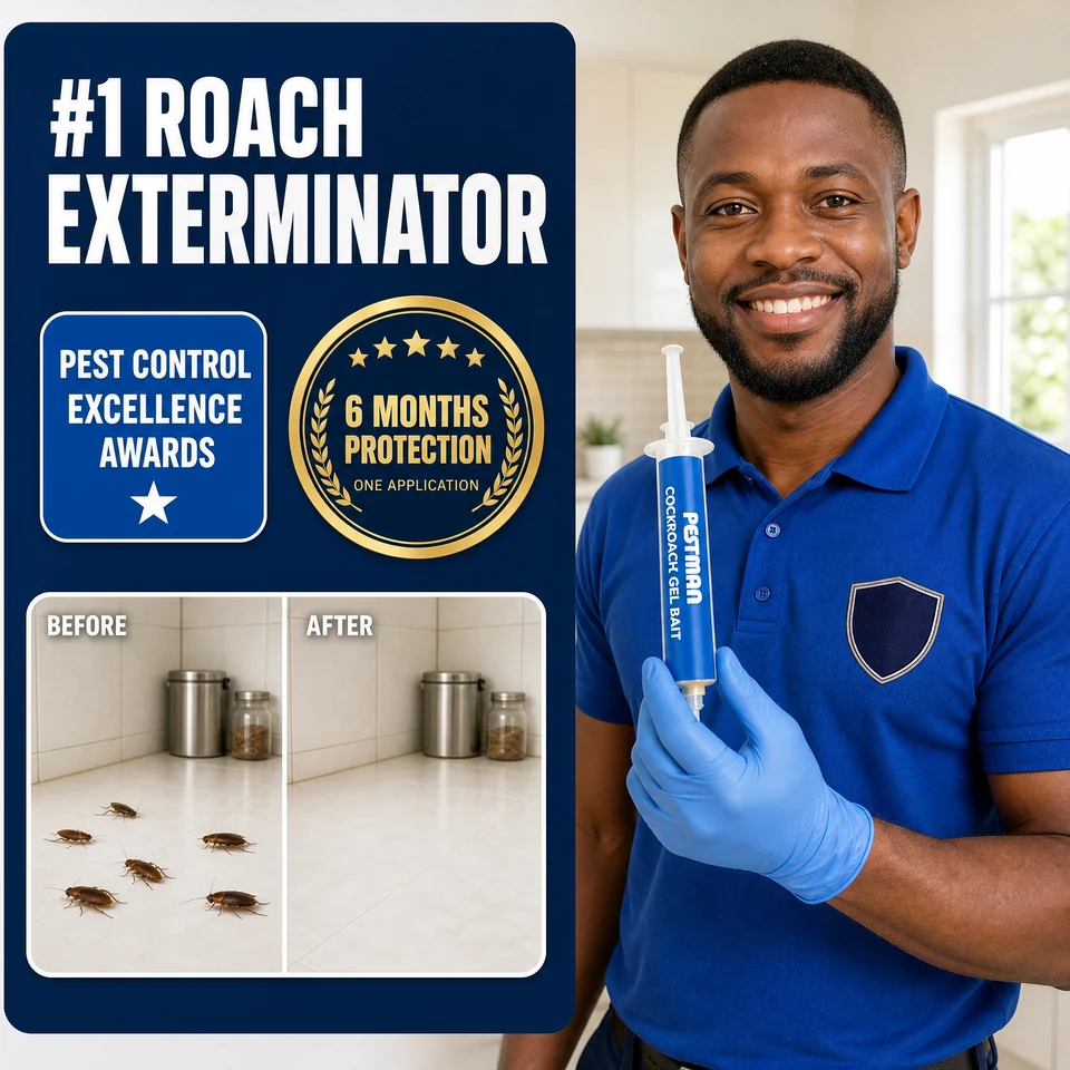 Ghana’s #1 roach gel — award badges, a before and after kitchen counter, and the Pestman gel bait tube