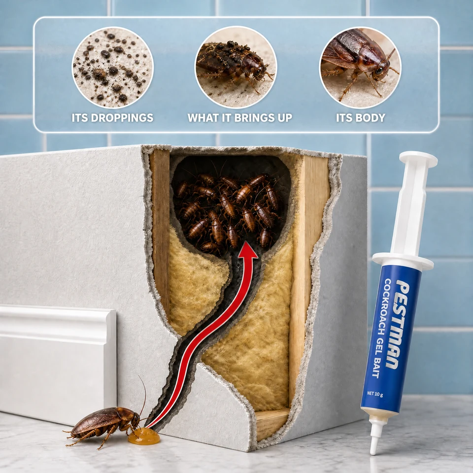How it works — the roach feeds at the dot, carries it into the wall, and the nest dies from its droppings, what it brings up and its body