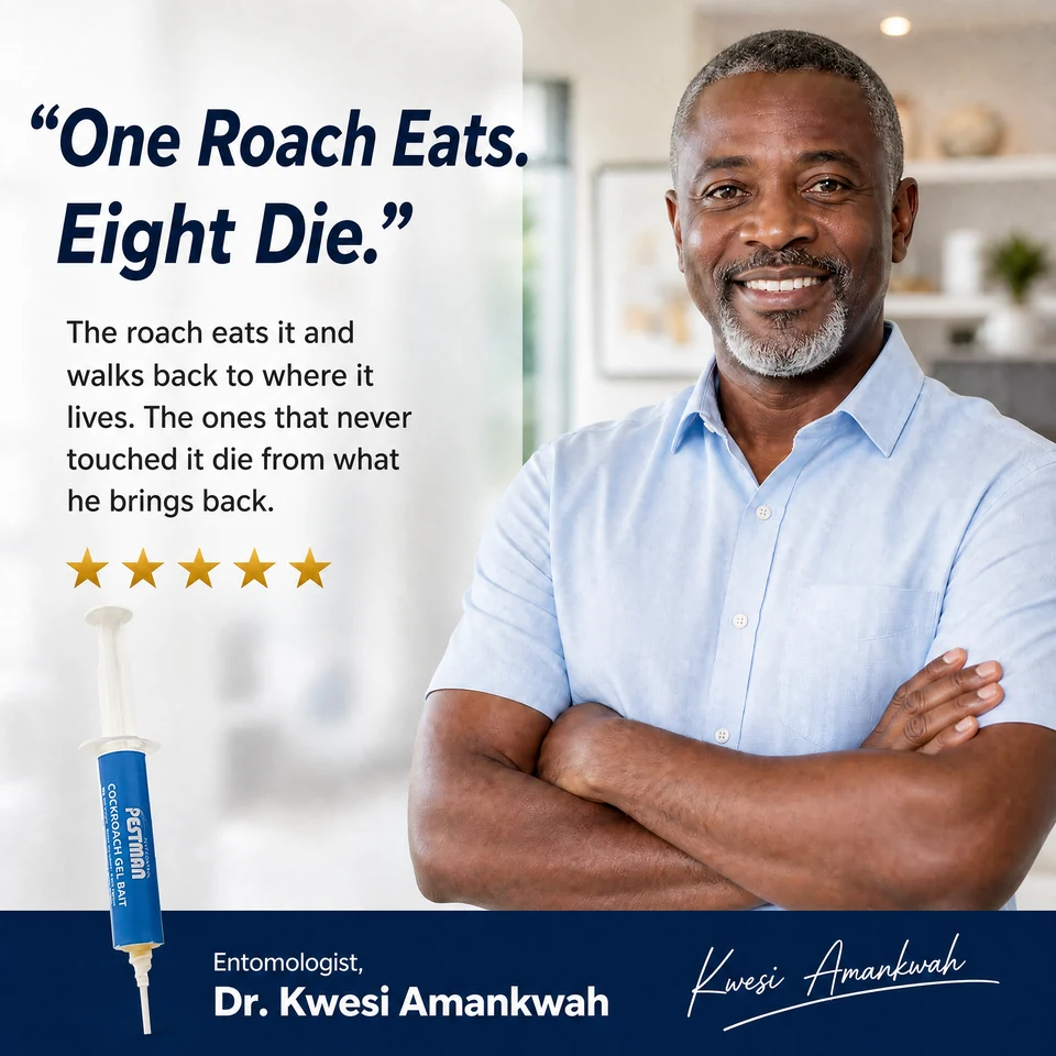 Entomologist Dr. Kwesi Amankwah — “One roach eats. Eight die.”