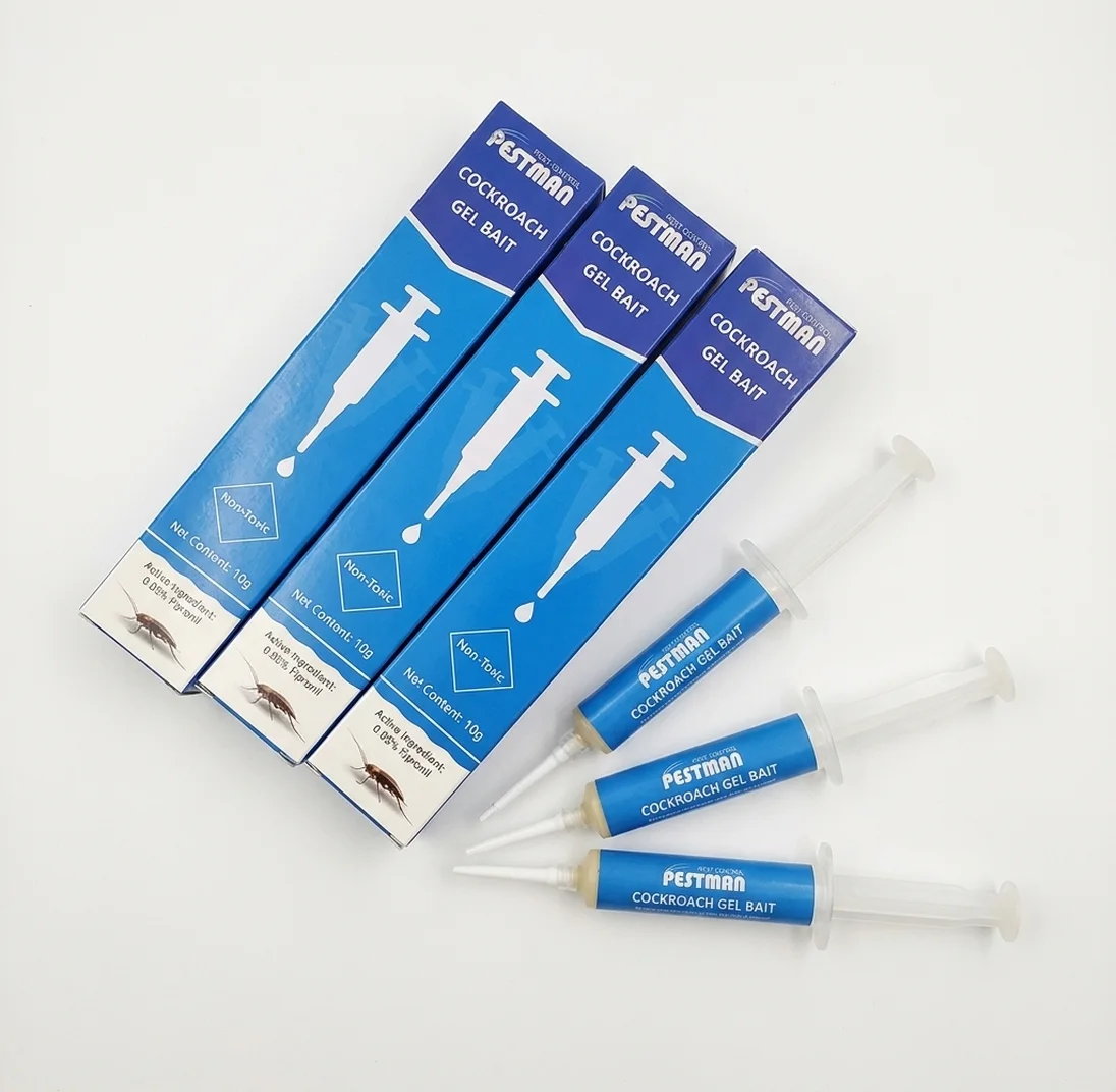 Three Pestman cockroach gel bait cartons fanned out with three gel syringes
