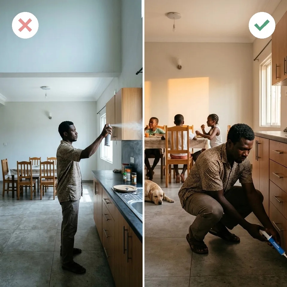 Left: a man spraying insecticide in an empty kitchen. Right: the same man placing gel at the base of the cabinets while his family eats at the table behind him